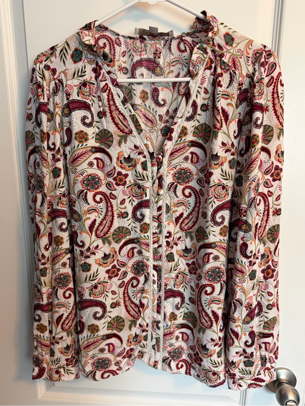 LOFT Paisley Botanical Floral Blouse Cream Burgundy Pink Lace Trim Ruffle